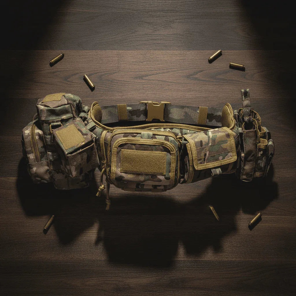 Camouflage outdoor utility belt with multiple pockets and MOLLE-style layout