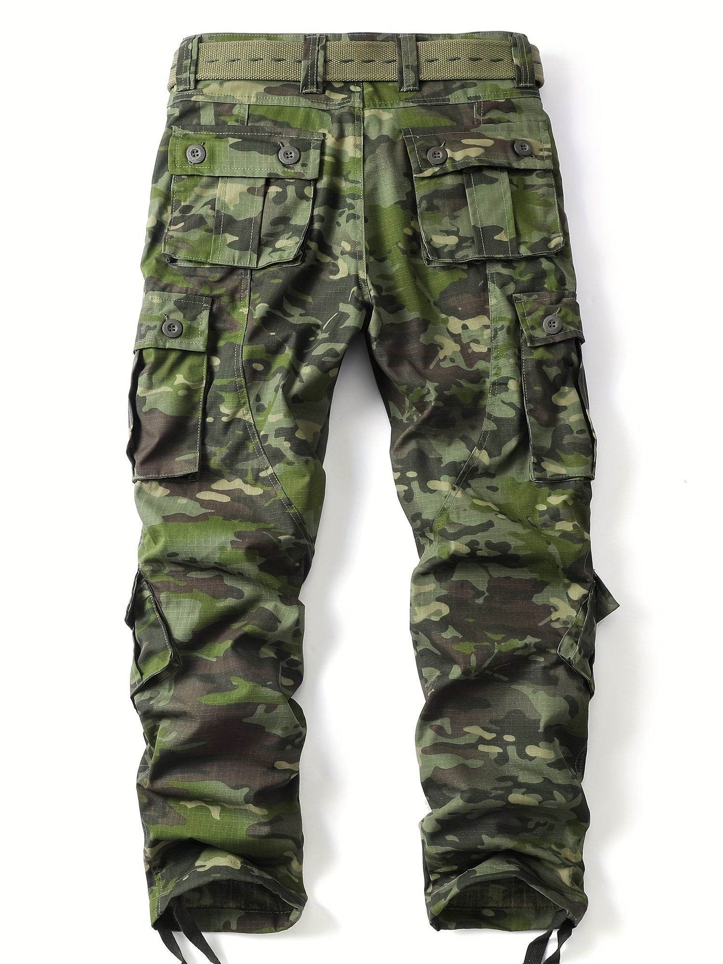 Green camouflage pants with pockets designed for outdoor activities and rugged use