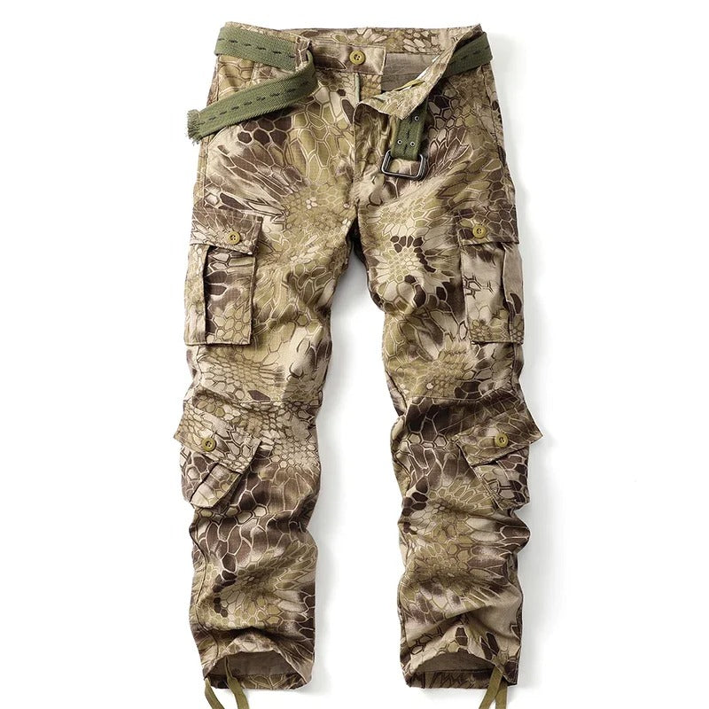 Brown and green camouflage pants with pockets featuring adjustable waistband for outdoor activities