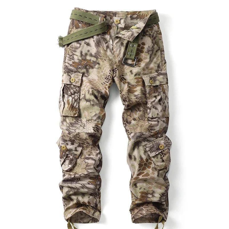 Stylish camouflage pants with pockets featuring adjustable belt and multiple cargo pockets