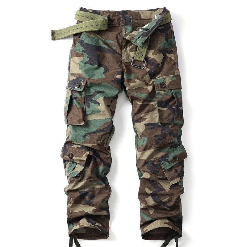 Military camouflage pants with pockets featuring durable fabric and adjustable waistband for outdoor activities