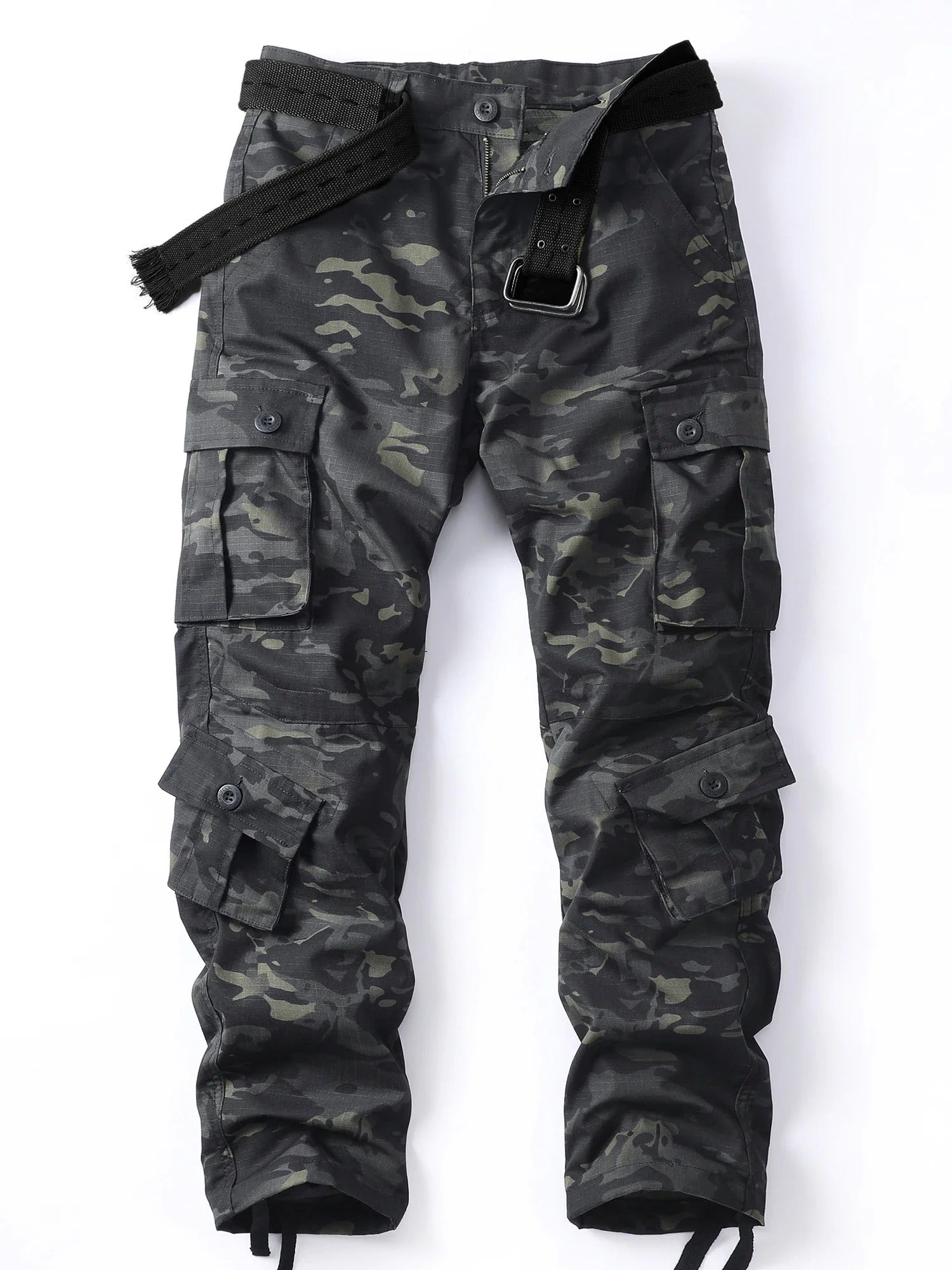 Black camouflage pants with pockets featuring adjustable waistband and cargo style design