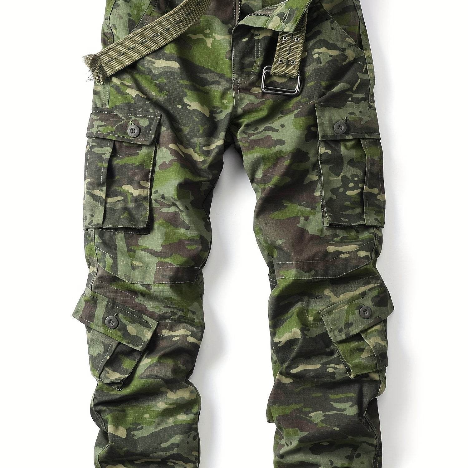 Durable camouflage pants with pockets designed for outdoor activities and military-inspired style