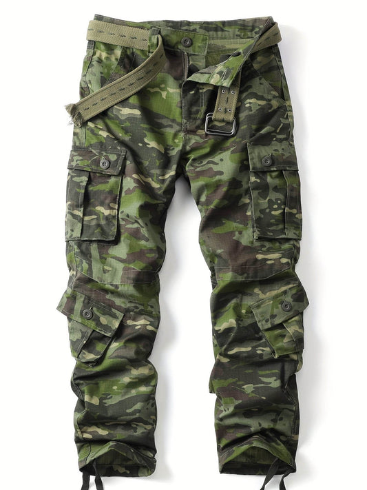 Men's camouflage pants with pockets featuring durable fabric and adjustable belt for outdoor activities