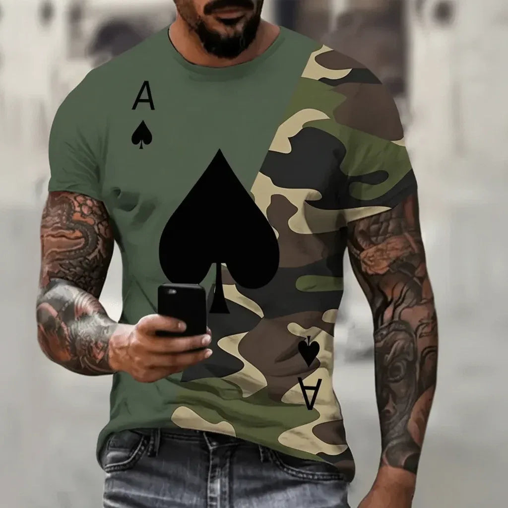 Camouflage Short Sleeve T-shirt in green with spade graphic for casual wear