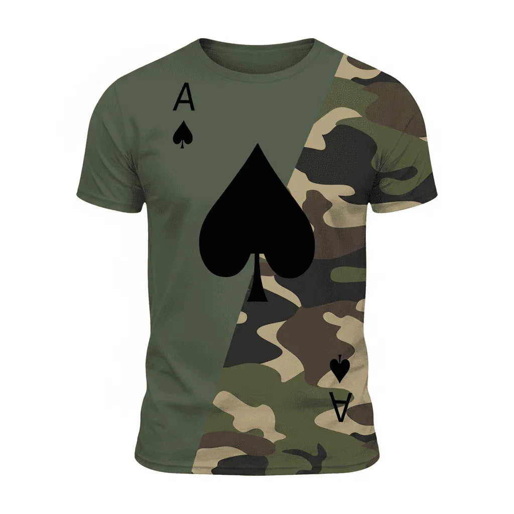 Camouflage Short Sleeve T-shirt with Ace of Spades Design for Casual Wear