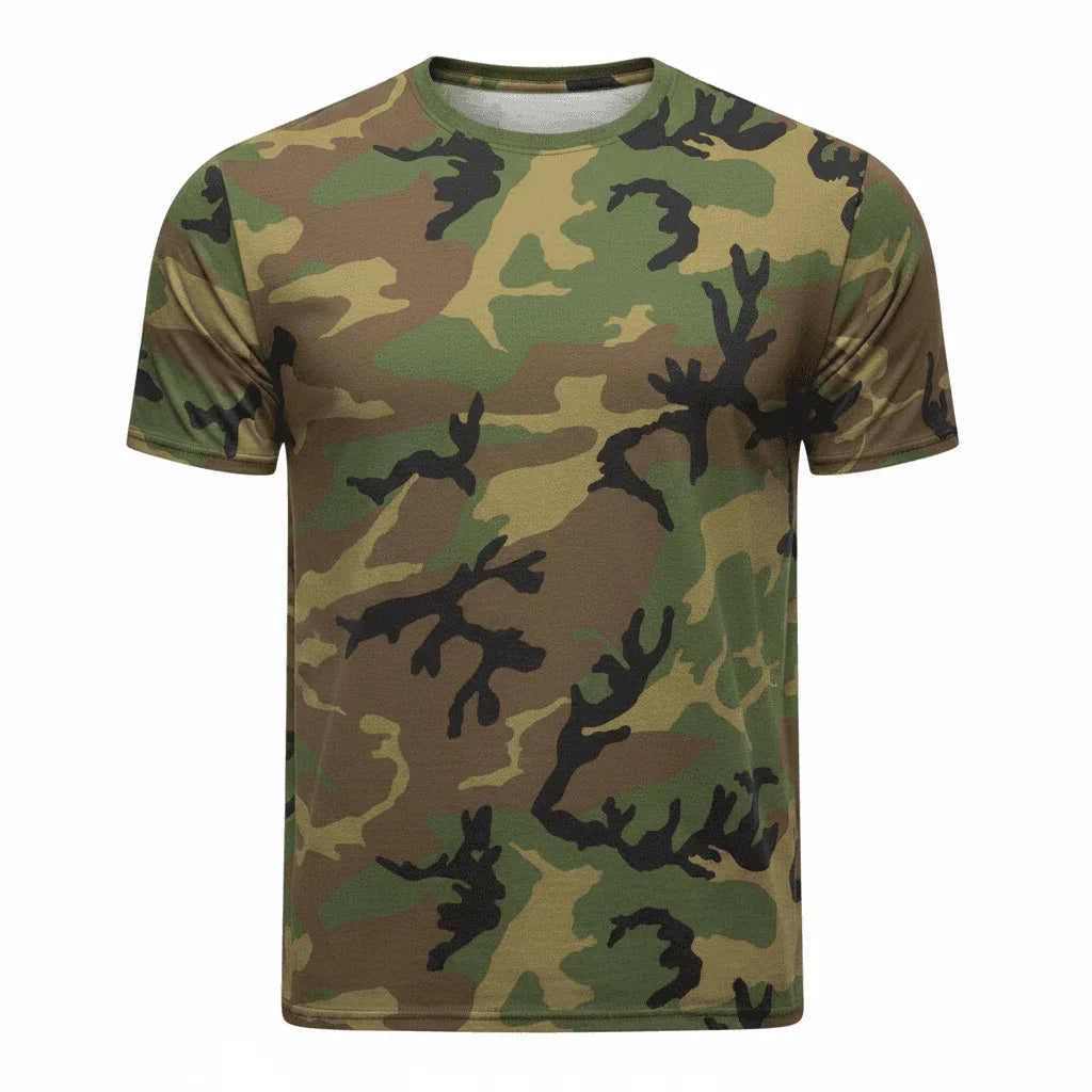 Camouflage Short Sleeve T-shirt in green and brown, perfect for outdoor activities