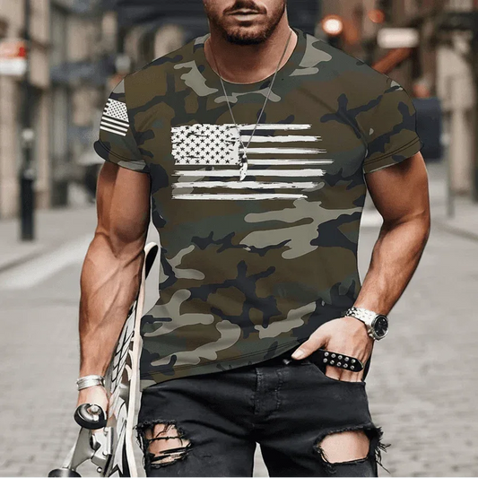 Camouflage Short Sleeve T-shirt with American Flag Design for Casual Wear