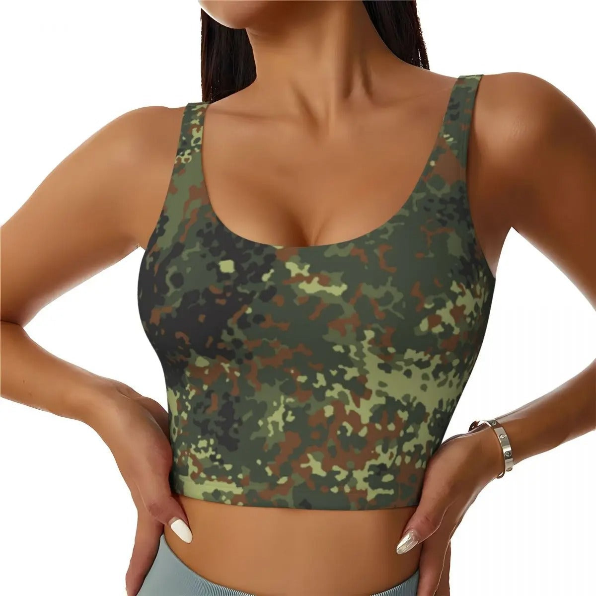 Stylish camouflage sports bra for women with comfortable fit and trendy design