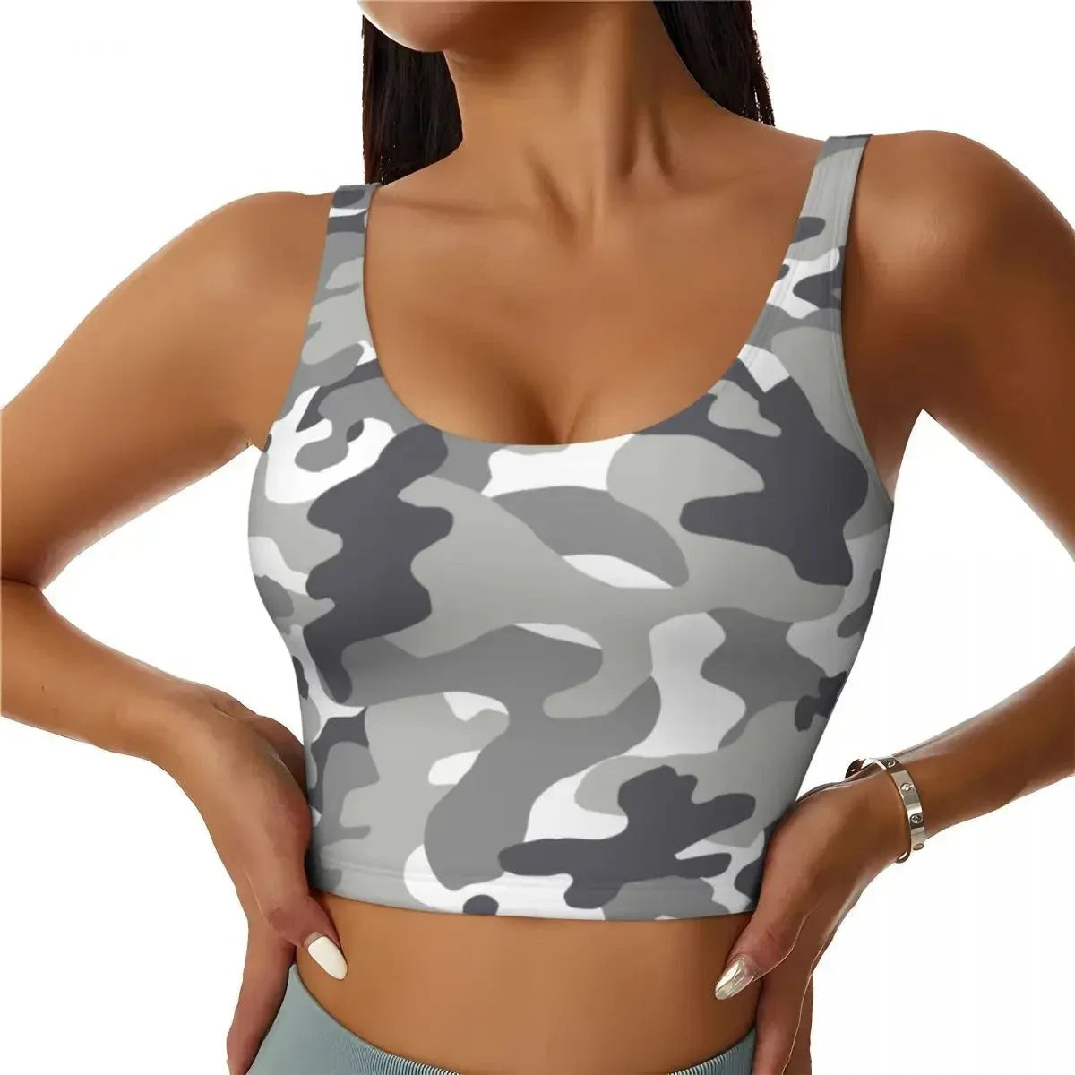 Stylish camouflage sports bra for women in gray tones, perfect for active wear and fitness activities