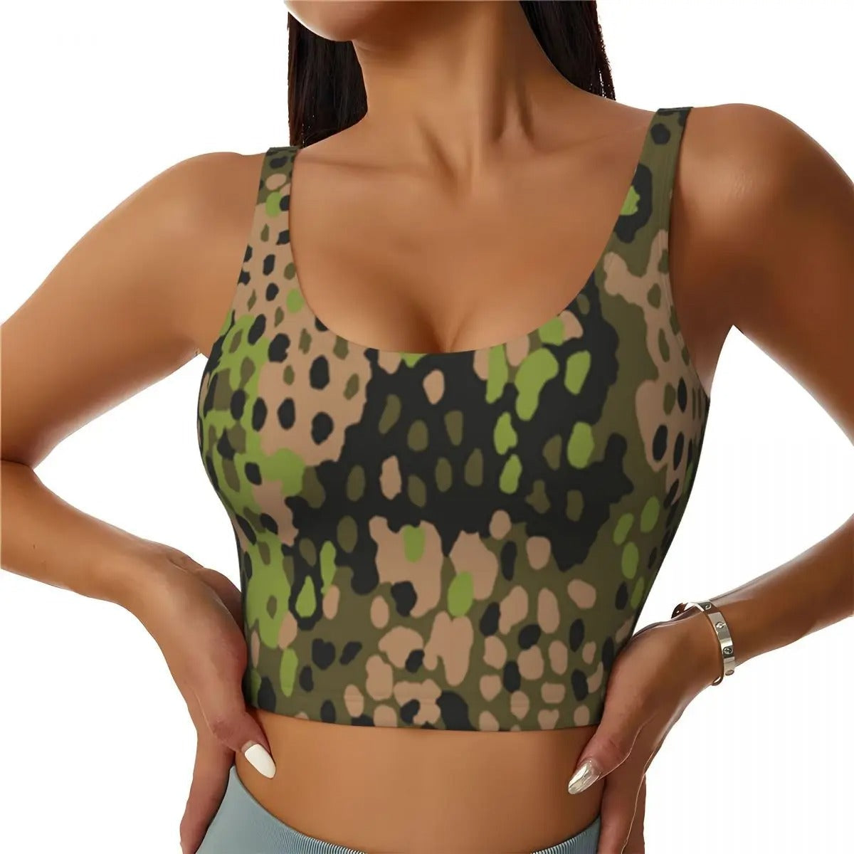 Stylish camouflage sports bra for women with a trendy design and comfortable fit