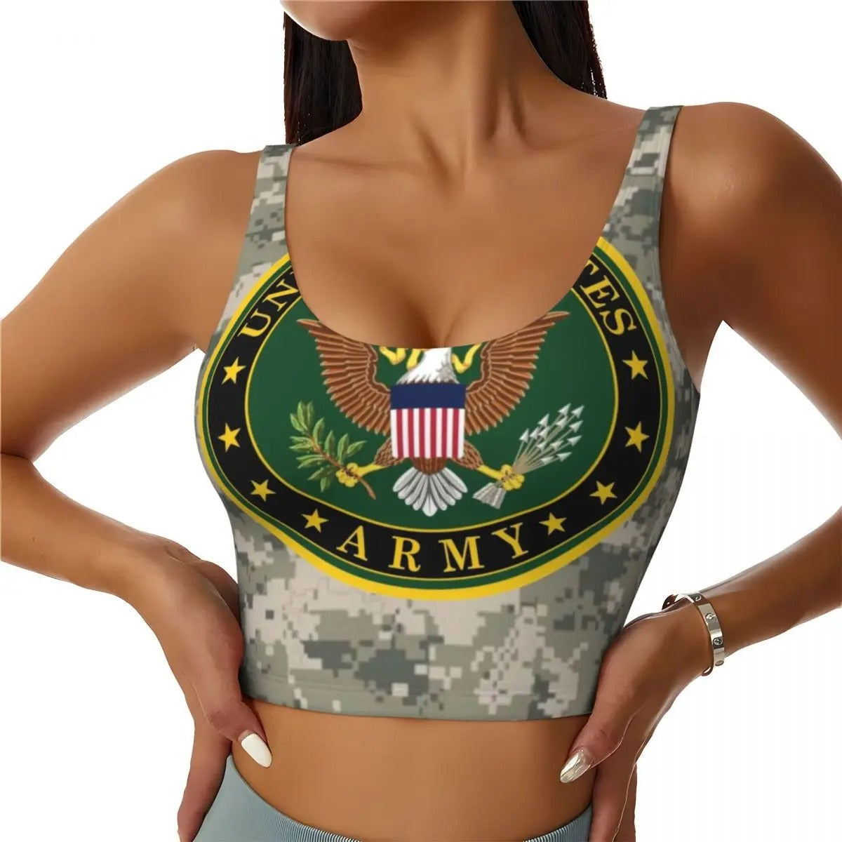 Camouflage sports bra for women featuring a United States Army emblem and comfortable design