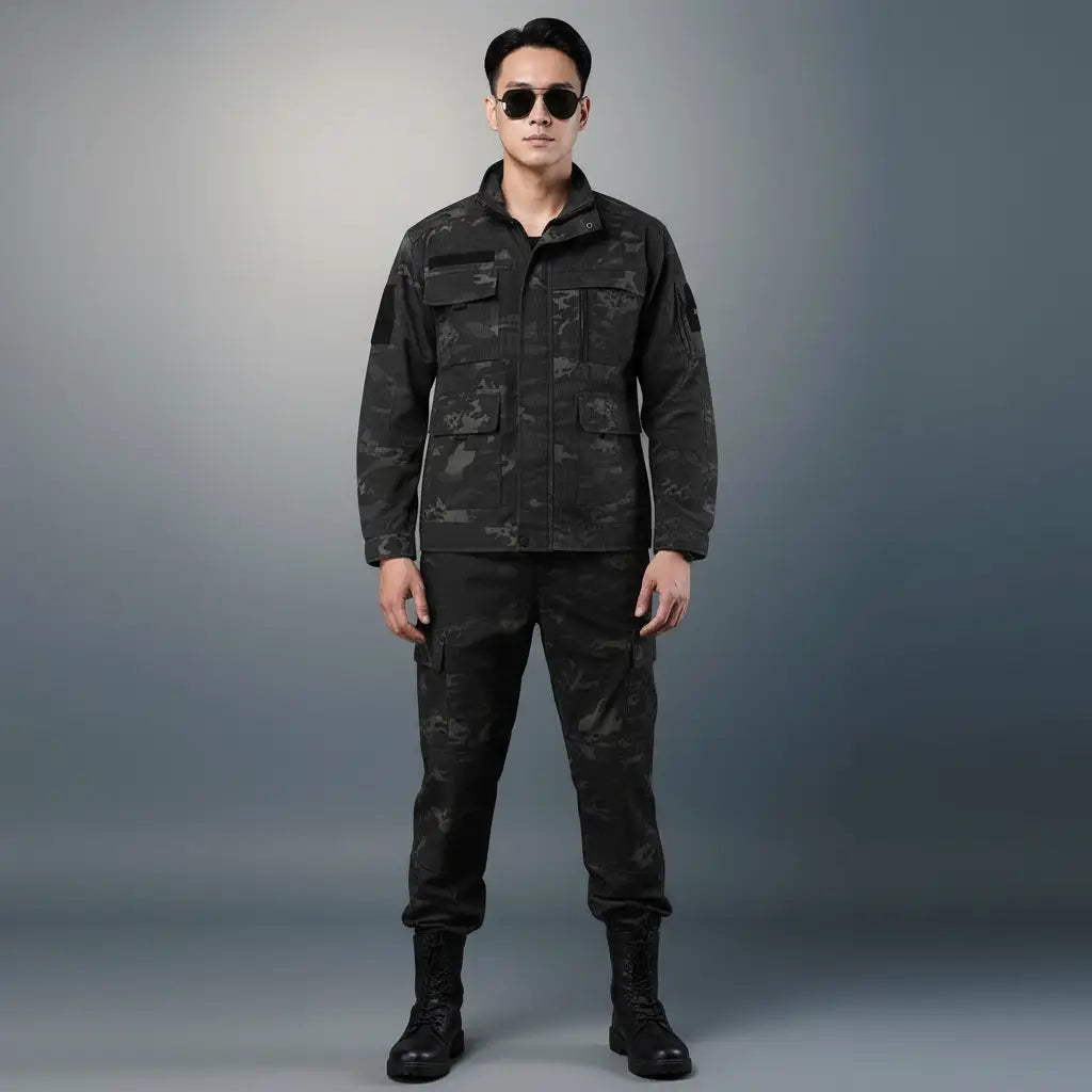 Camouflage suit in black for outdoor activities and tactical use