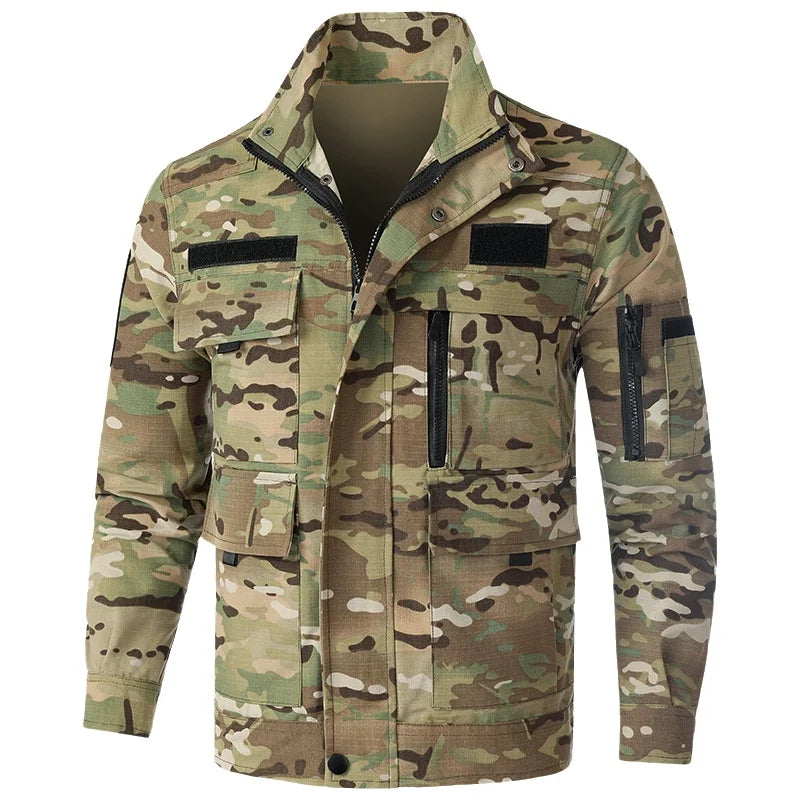 Camouflage suit jacket in multi-toned military pattern for outdoor activities