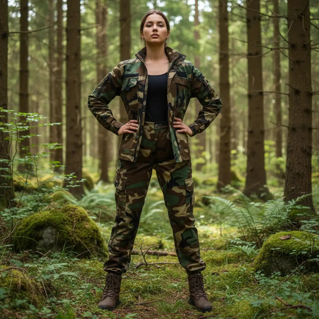 Camouflage suit in green and brown for outdoor wear and military activities