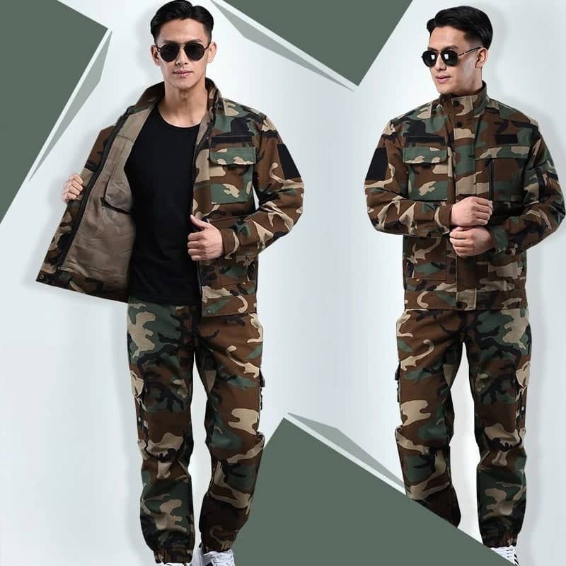Camouflage suit in green and brown for outdoor activities with zippered pockets