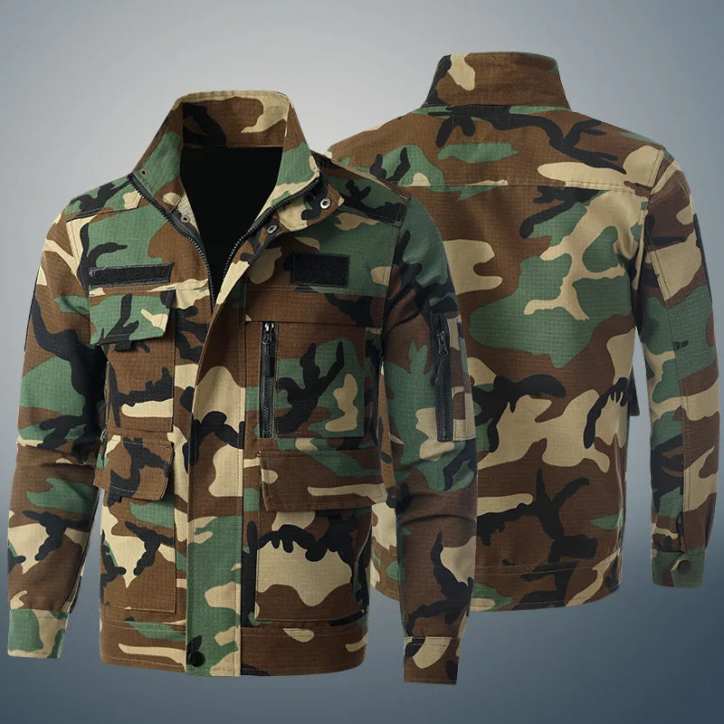 Camouflage suit for outdoor adventures in green and brown colors