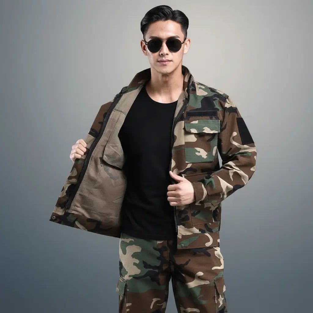 Camouflage suit in green and brown, perfect for outdoor activities