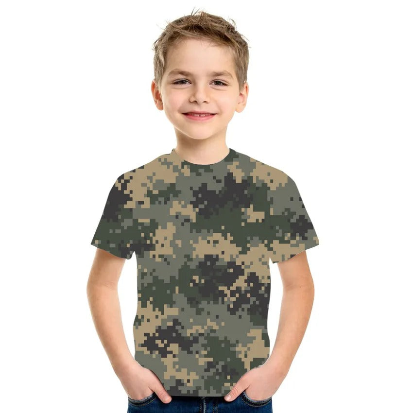 Kids camouflage t-shirt in green and brown for outdoor adventures
