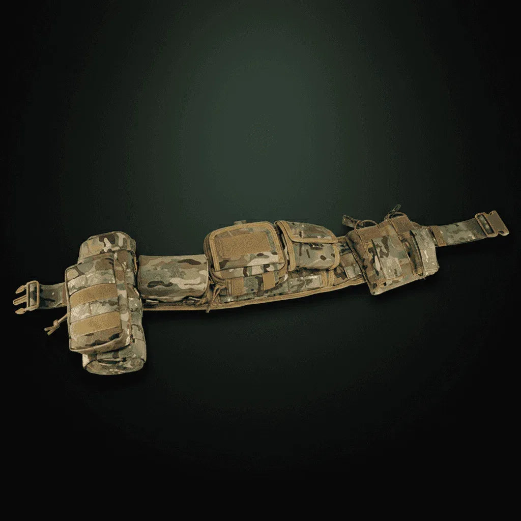 Camouflage belt with multiple utility pouches for outdoor and military use