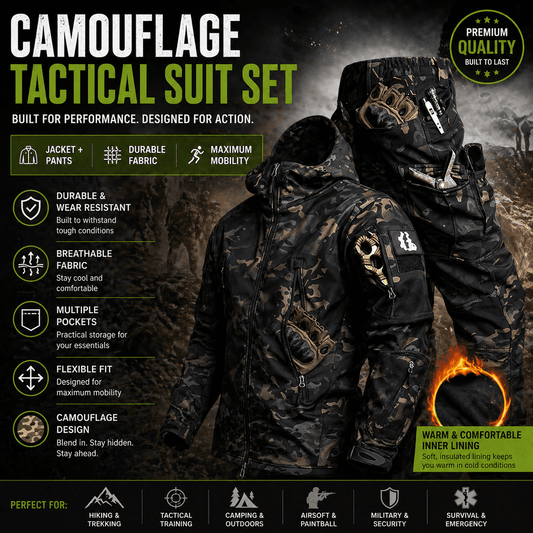 Camouflage tactical suit in black and green for durable outdoor performance