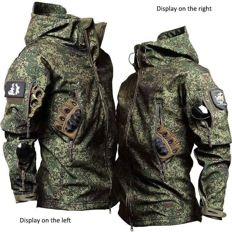 Camouflage tactical suit set featuring a hooded jacket with multiple pockets and reinforced sleeves