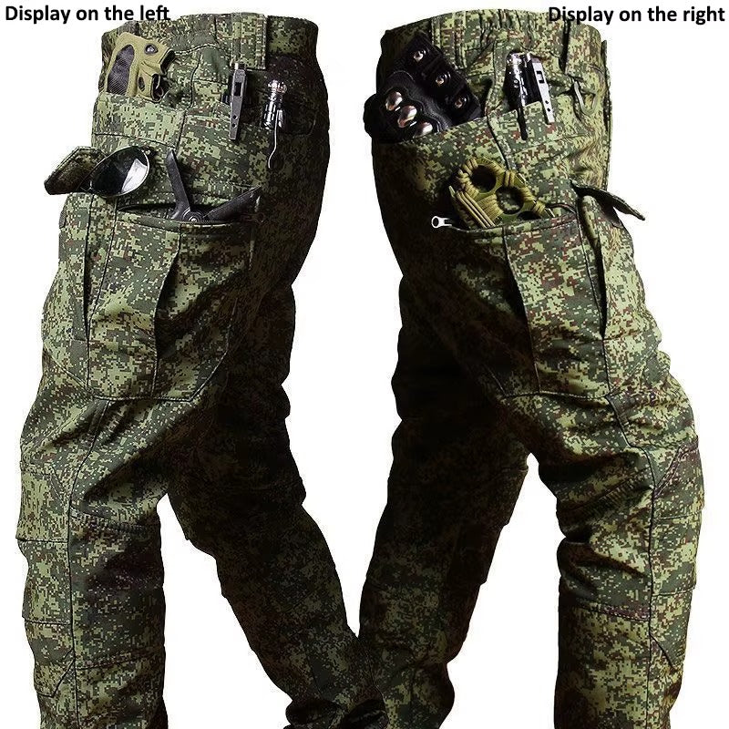 Camouflage tactical suit set featuring multi-pocket design for outdoor activities and military use