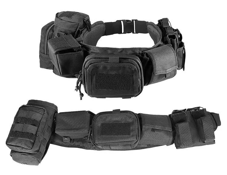 Black camouflage utility belt with multiple pouches for tactical use