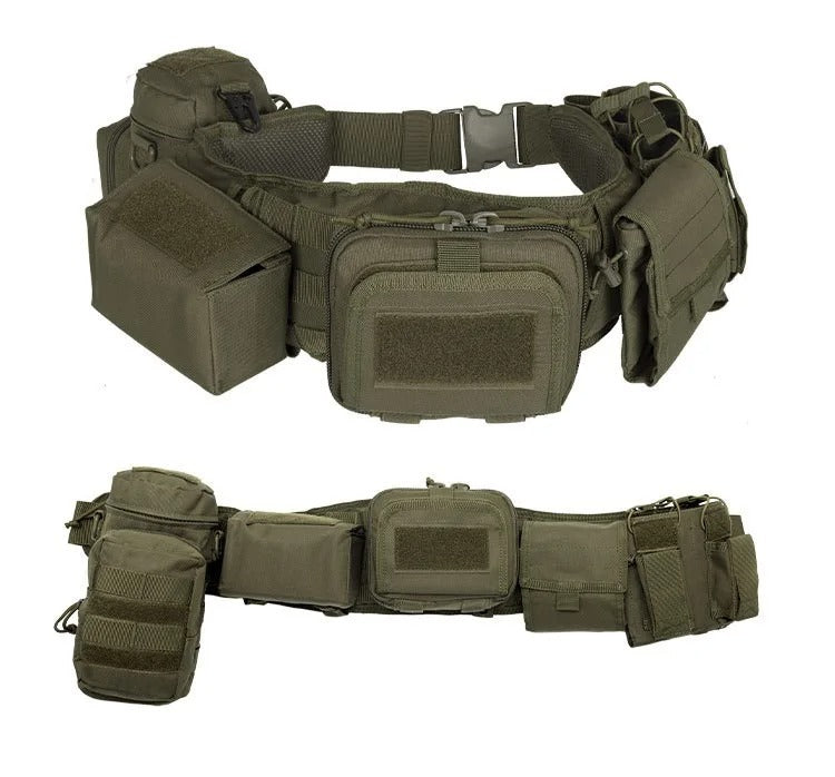 Camouflage utility belt with multiple pouches and compartments for tactical use