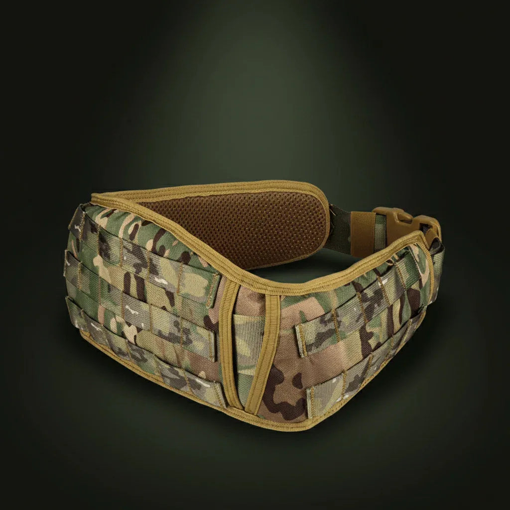 Camouflage outdoor utility belt designed for outdoor activities with durable webbing and padded interior