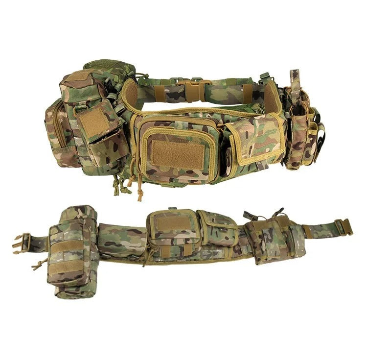 Camouflage utility belt with multiple pouches for tactical storage