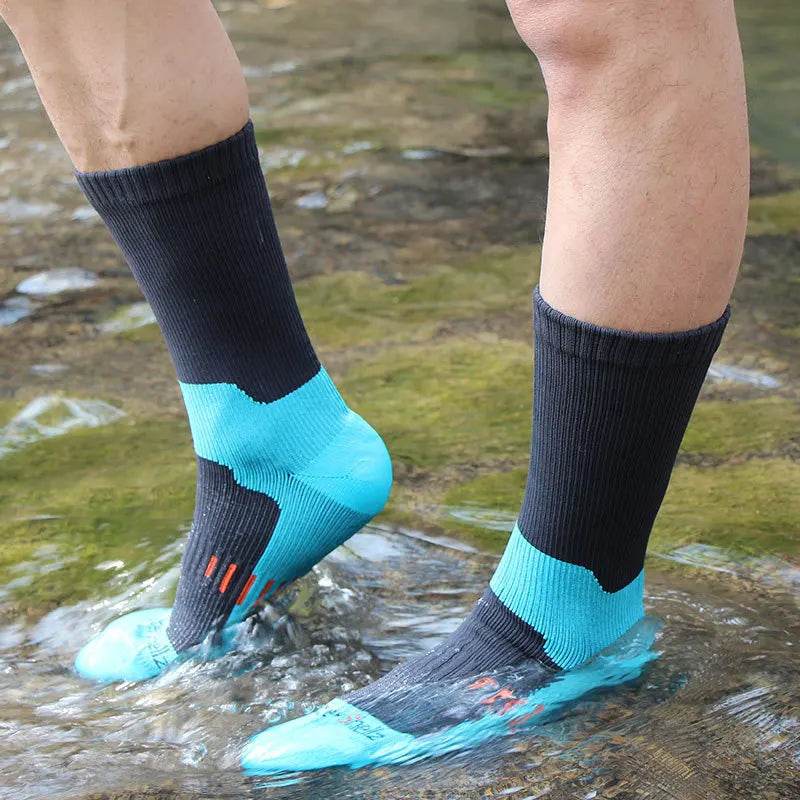 Men wearing camouflage waterproof socks designed for outdoor activities and water resistance