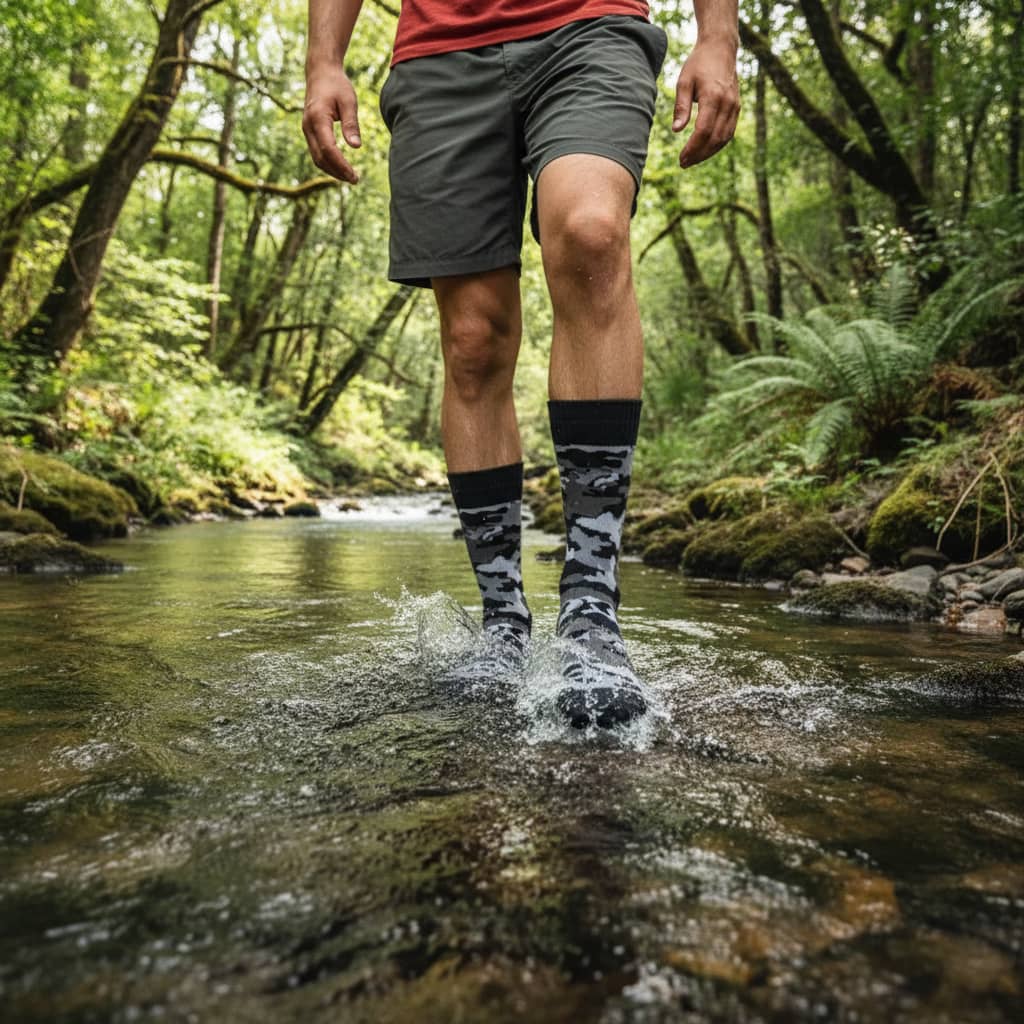 Camouflage waterproof socks with a sturdy design for outdoor activities and wet conditions