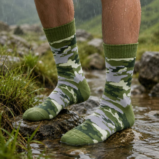 Camouflage waterproof socks ideal for outdoor adventures in wet conditions