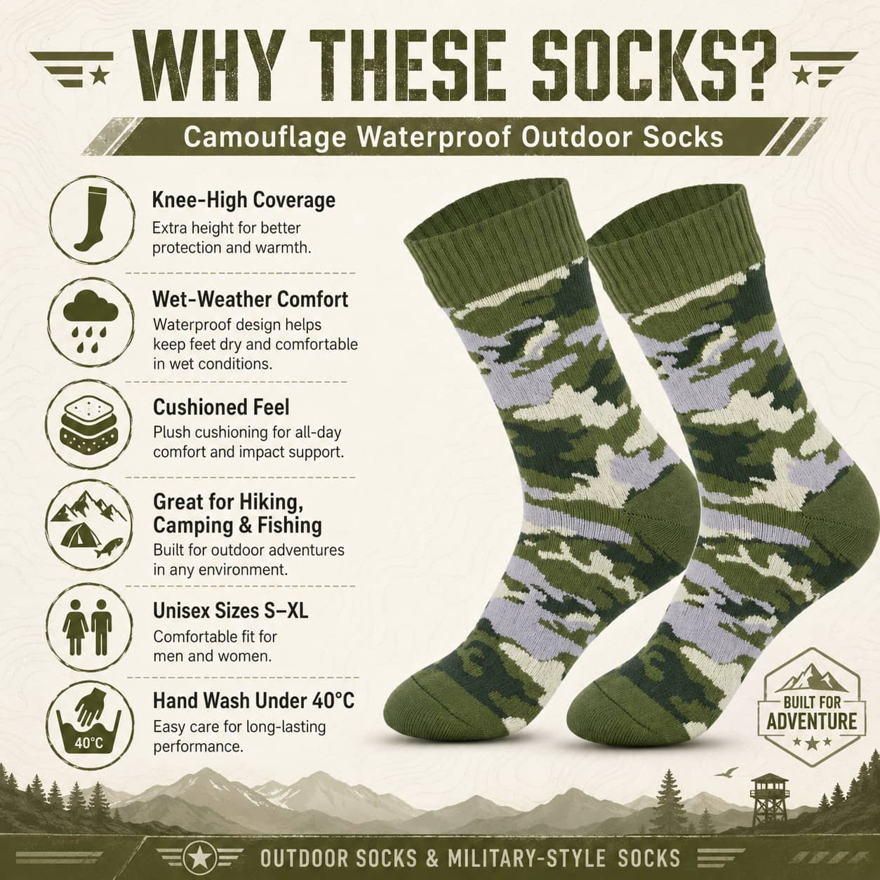 Camouflage Waterproof Socks with Knee-High Coverage for Outdoor Activities