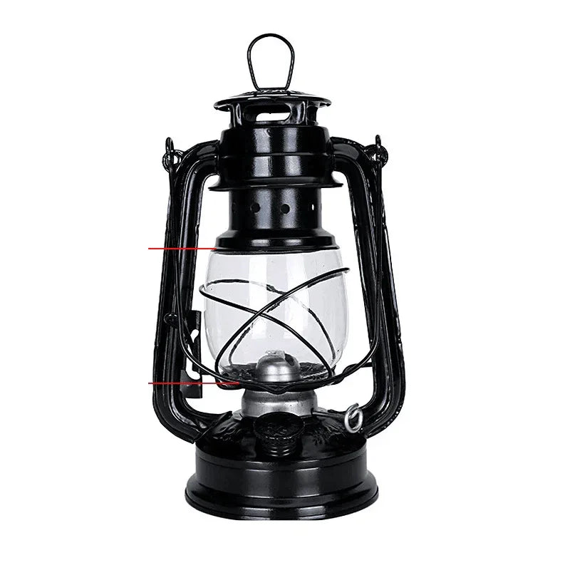 Black retro kerosene lamp with clear glass body and vintage design for outdoor camping adventures