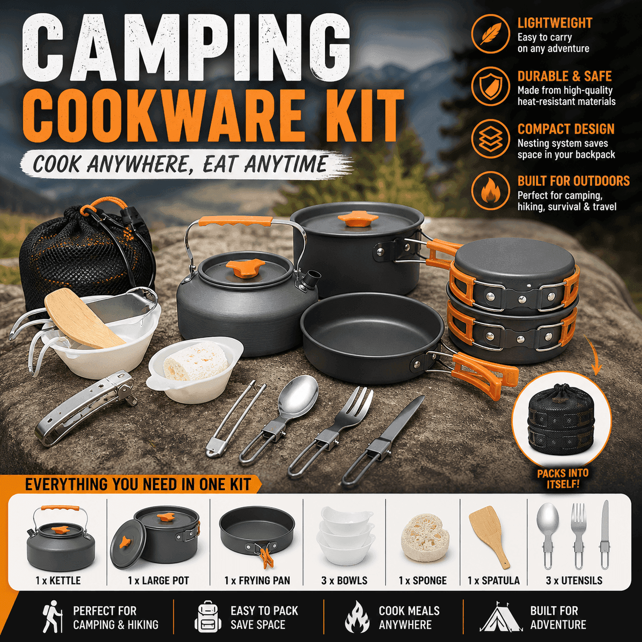 Military-Outdoors camping cookware kit in black, ideal for outdoor cooking and adventure