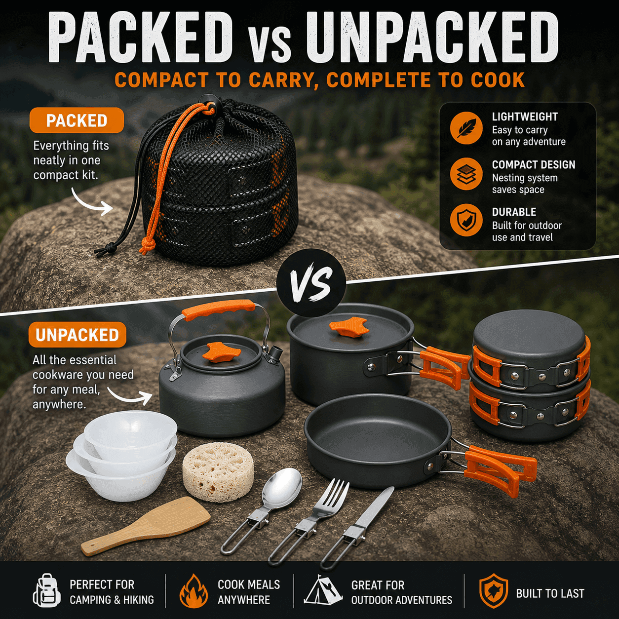 Military-Outdoors Camping Cookware Kit, lightweight design for outdoor cooking