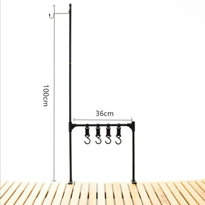 Camping hanging rack in black with four hooks for outdoor gear