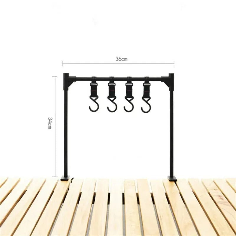Black camping hanging rack with four hooks for outdoor cooking