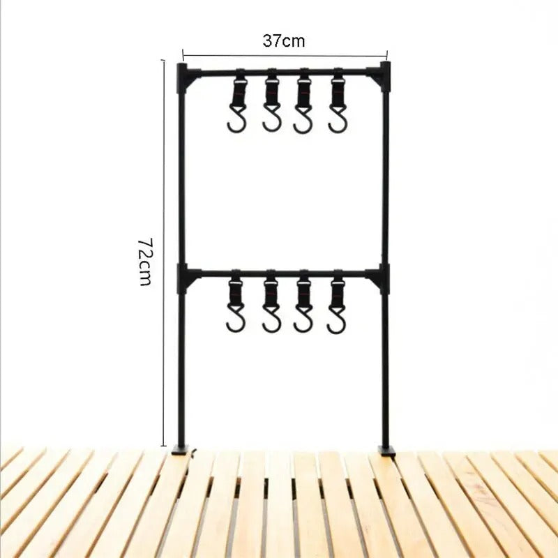 Black camping hanging rack with six hooks for outdoor gear organization