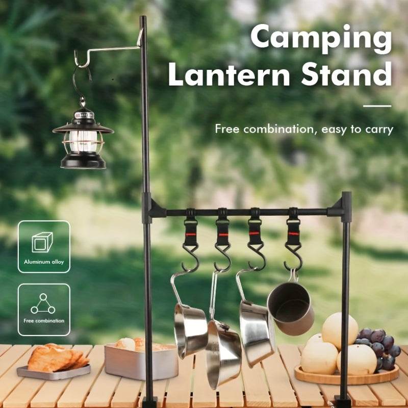 Camping hanging rack with lantern holder and multiple hooks for kitchenware