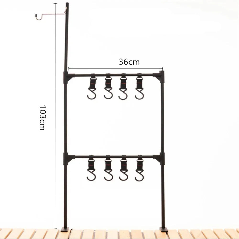 Camping hanging rack in black with five hooks for outdoor gear storage