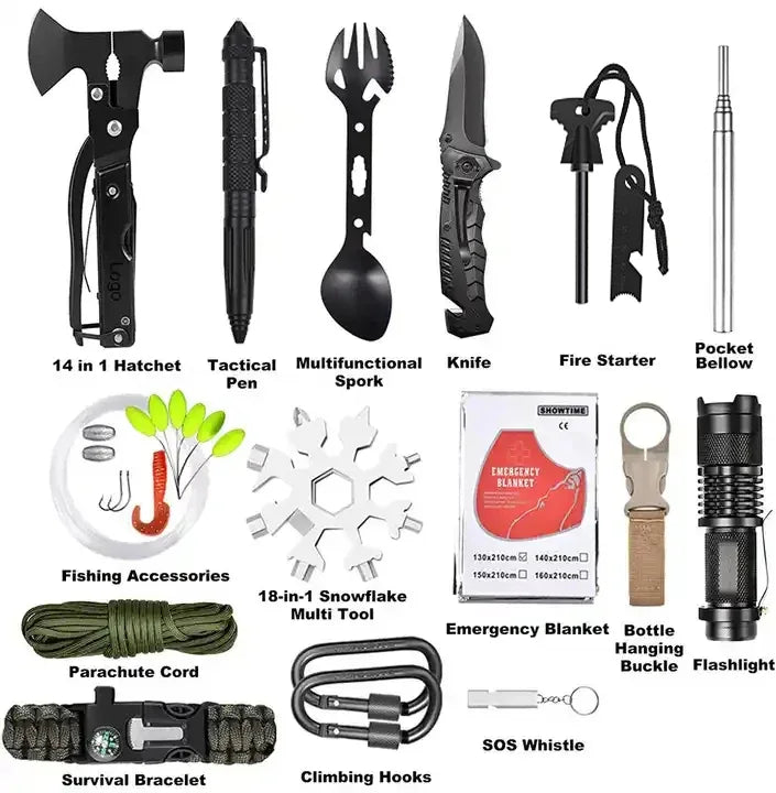 Military-Outdoors camping survival kit with essential tools for outdoor emergencies
