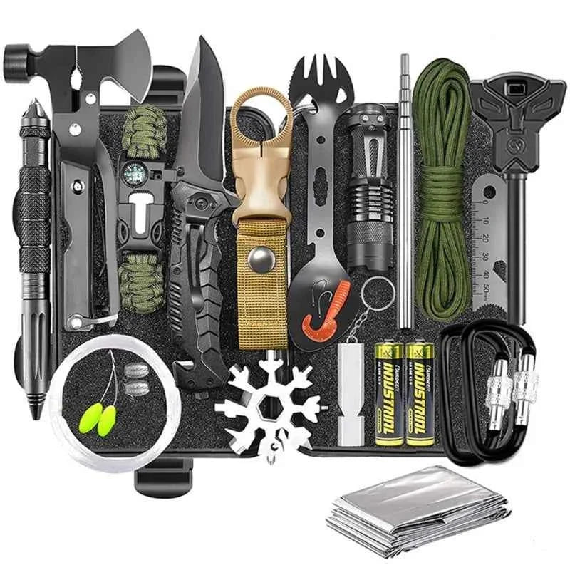 Comprehensive camping survival kit with tools, flashlight, multi-tool, rope, and emergency gear for outdoor adventures.