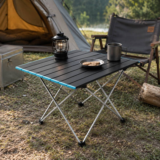 Folding camping table in black for outdoor use with durable frame