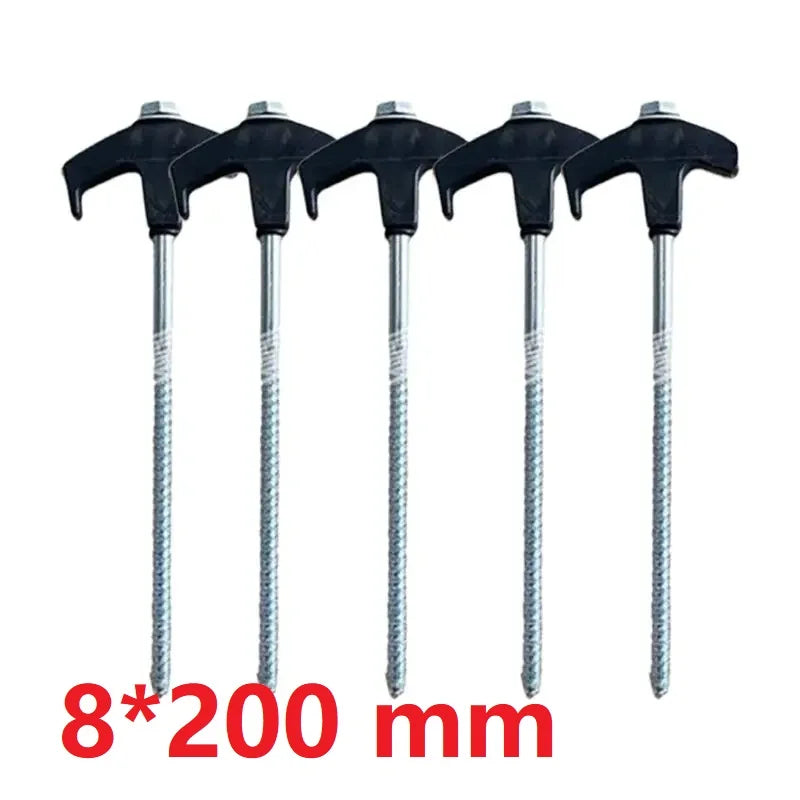 Military Outdoors hammer style screw-in tent stakes 5-pack 8 by 200 mm steel shafts with black T handles