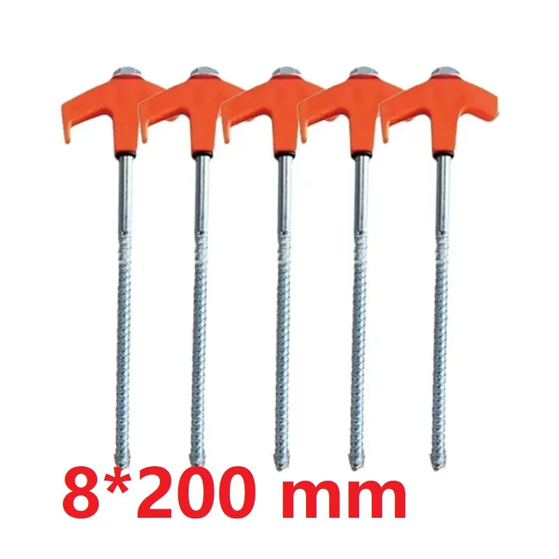 Five orange T-handle screw-in tent stakes 8x200 mm galvanized spiral shank