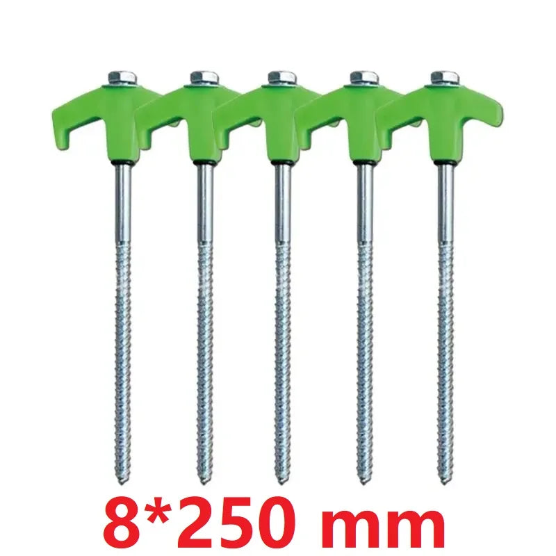 Pack of five screw-in tent stakes with green T handles and 250 mm threaded steel shafts