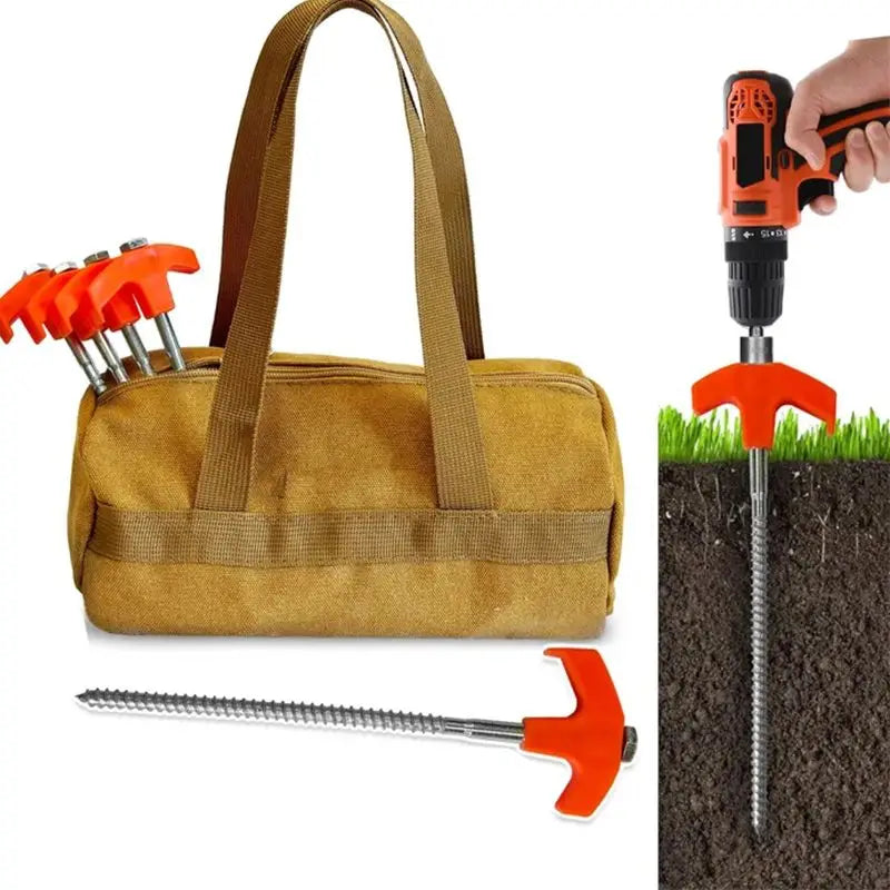 Heavy duty hammer and screw-in tent stakes with orange T handles and canvas tool bag